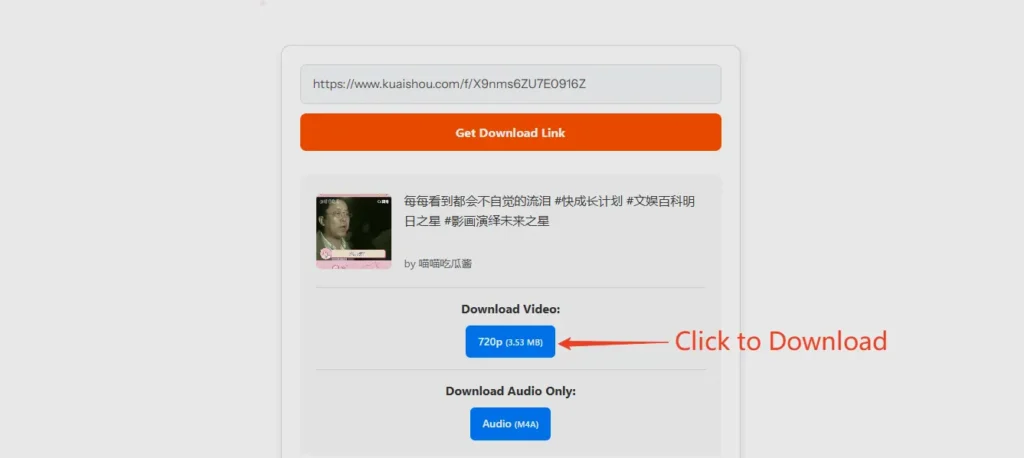 A screenshot of Kuaishou tool's interface, showing the input box and the final download preview