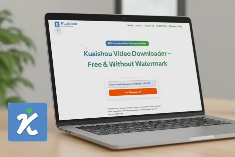 Kuaishou Video Downloader homepage on a laptop screen, showing how to download Kwai videos without watermark.