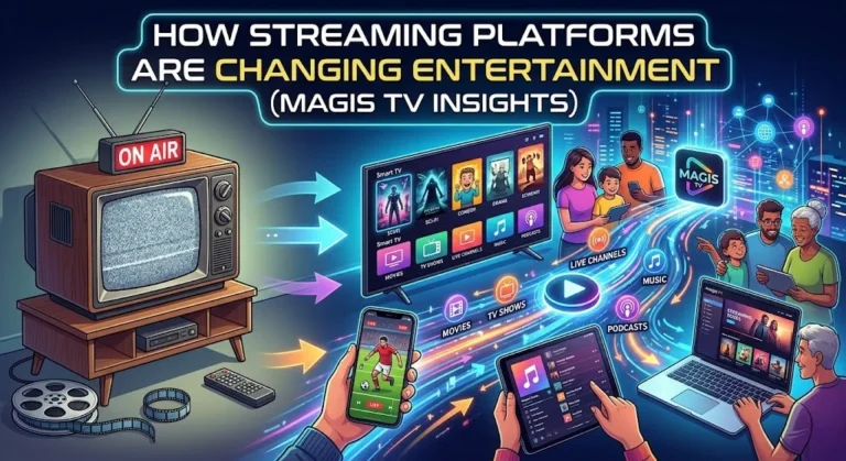 A vibrant digital illustration showing the evolution of entertainment from traditional TV to modern multi-device streaming. The image features a vintage, static-filled CRT television on the left with a glowing "ON AIR" sign and a film reel. This connects via streams of light to a smart TV displaying a complex content menu (movies, shows, live channels), an active smartphone showing a soccer match, a tablet with music, and a laptop with movies. A diverse family and older adults use these various devices together on the right, smiling. Text across the top reads: "HOW STREAMING PLATFORMS ARE CHANGING ENTERTAINMENT (MAGIS TV INSIGHTS)".