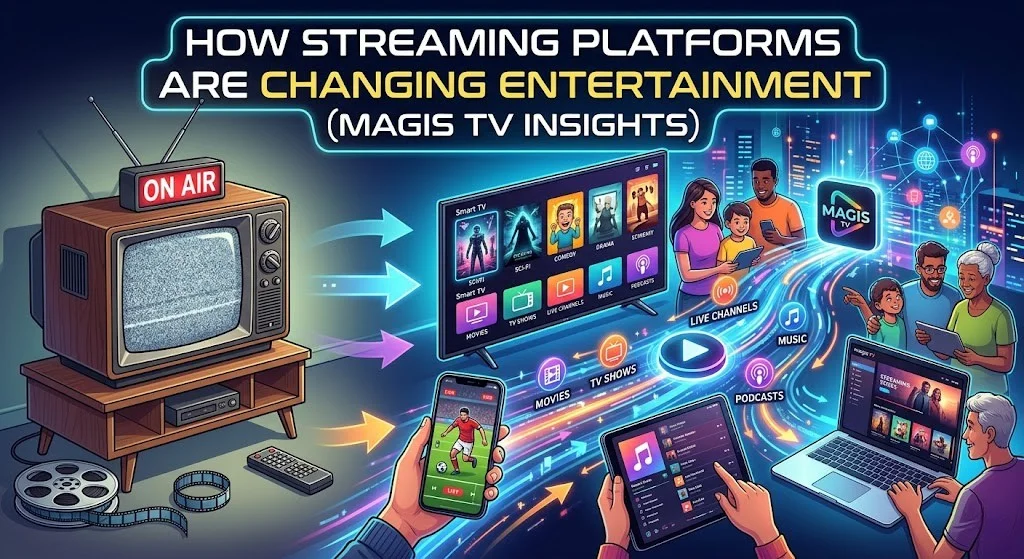 A vibrant digital illustration showing the evolution of entertainment from traditional TV to modern multi-device streaming. The image features a vintage, static-filled CRT television on the left with a glowing "ON AIR" sign and a film reel. This connects via streams of light to a smart TV displaying a complex content menu (movies, shows, live channels), an active smartphone showing a soccer match, a tablet with music, and a laptop with movies. A diverse family and older adults use these various devices together on the right, smiling. Text across the top reads: "HOW STREAMING PLATFORMS ARE CHANGING ENTERTAINMENT (MAGIS TV INSIGHTS)".